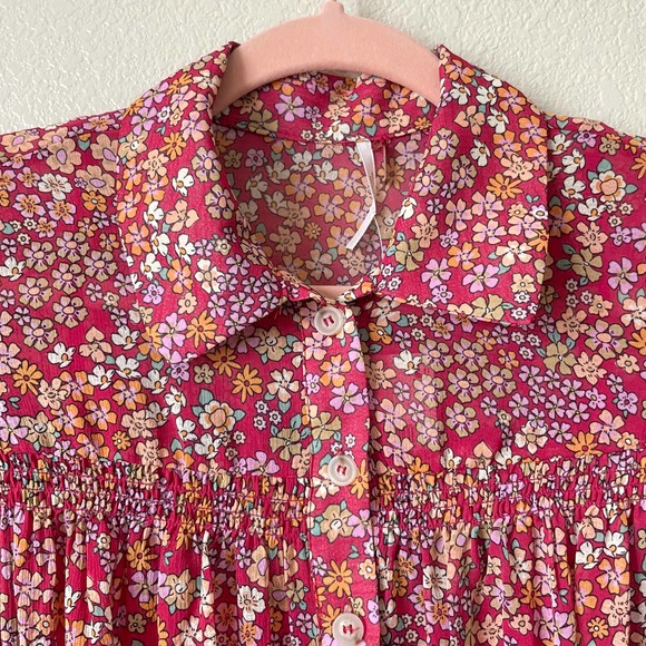 Free People Mini Shirt Dress Small Pink Bonnie Floral Puff Sleeve Bonnie NEW - Picture 6 of 14